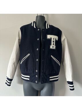TNA Varsity Jacket Black and White Classic Style Wool and Leather Size Medium